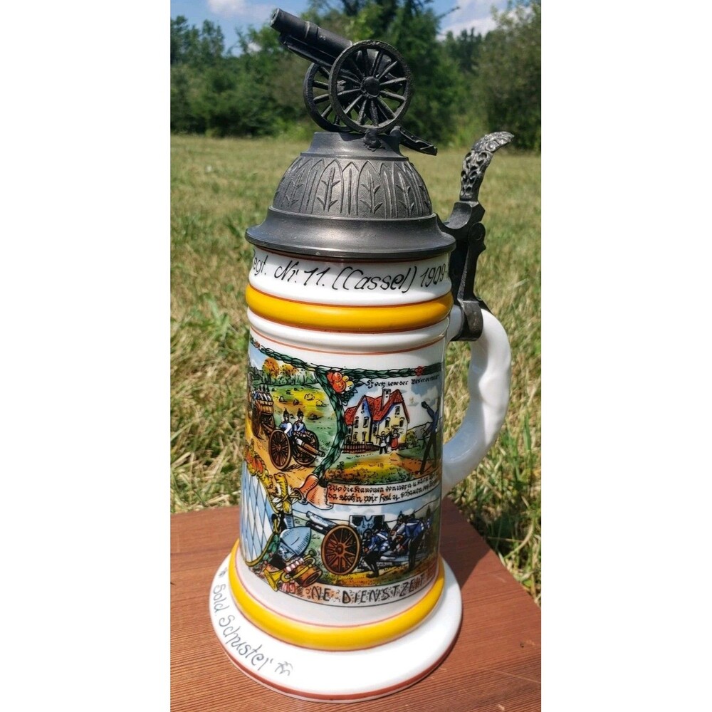 Antique German Reservistenkrug Beer Stein Regt Nr 71 Cassel 1909-12 Cannon Lid